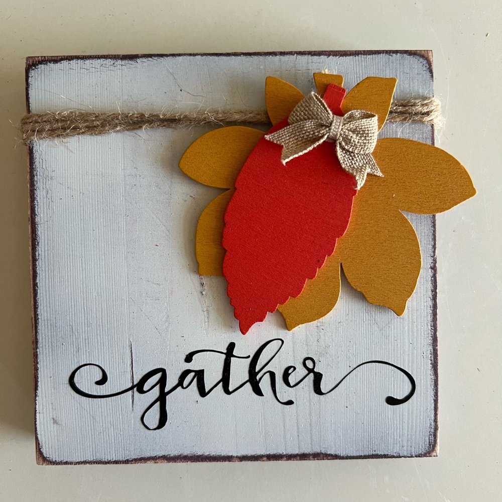 Gather fall decor - wood - distressed look - 5x5 inches